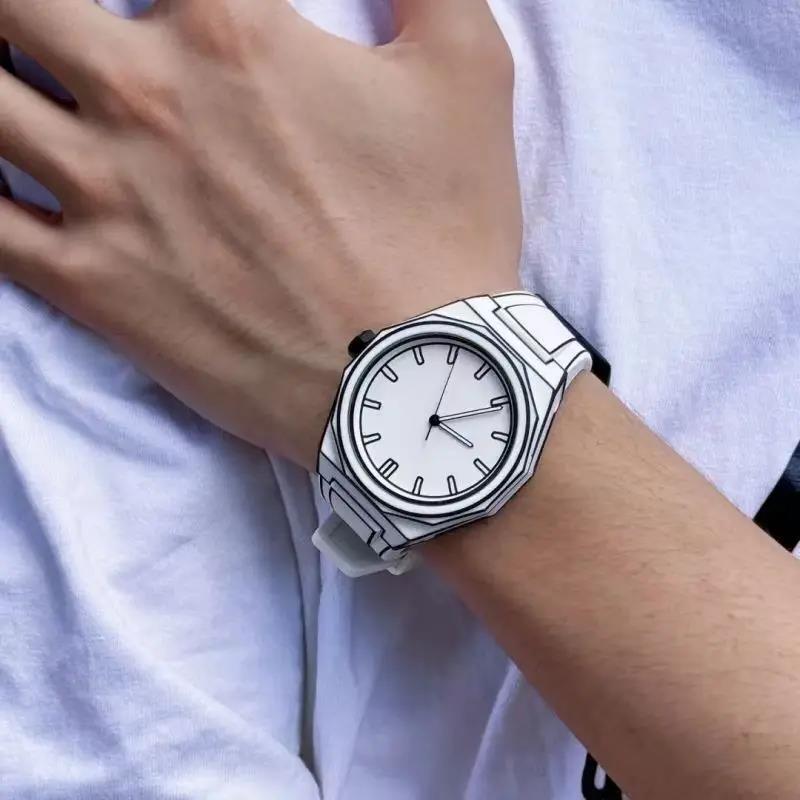 Unique 2D Cartoon Line Drawing Men Watch Simple Dial Silicone Strap Casual Fashion Unisex Quartz Watch Trendy Student Clock Gift