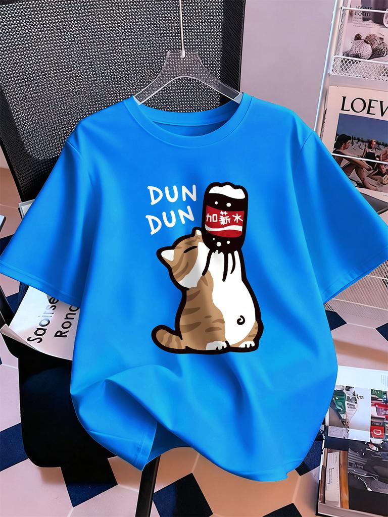 Drink Cartoon Dun Dun Cat Prints TShirts Womens Cotton Summer Short Sleeve T Shirt Loose Soft ONeck Tops Casual Womans Clothes