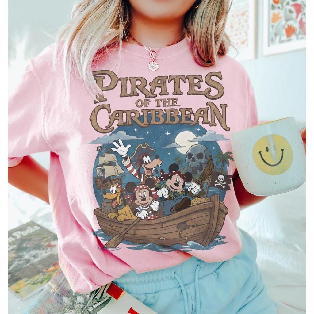 Pirates of The Caribbean Mickey Retro T-shirt Halloween Women Men Streetwear Oversized Y2k Short-sleeved Comfortable Soft Female Male Clothing