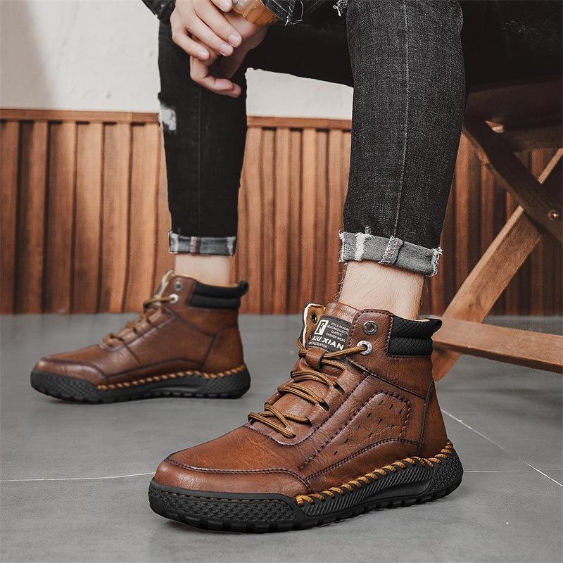 High-end leather Martin boots men's outdoor high-top cotton boots retro velvet