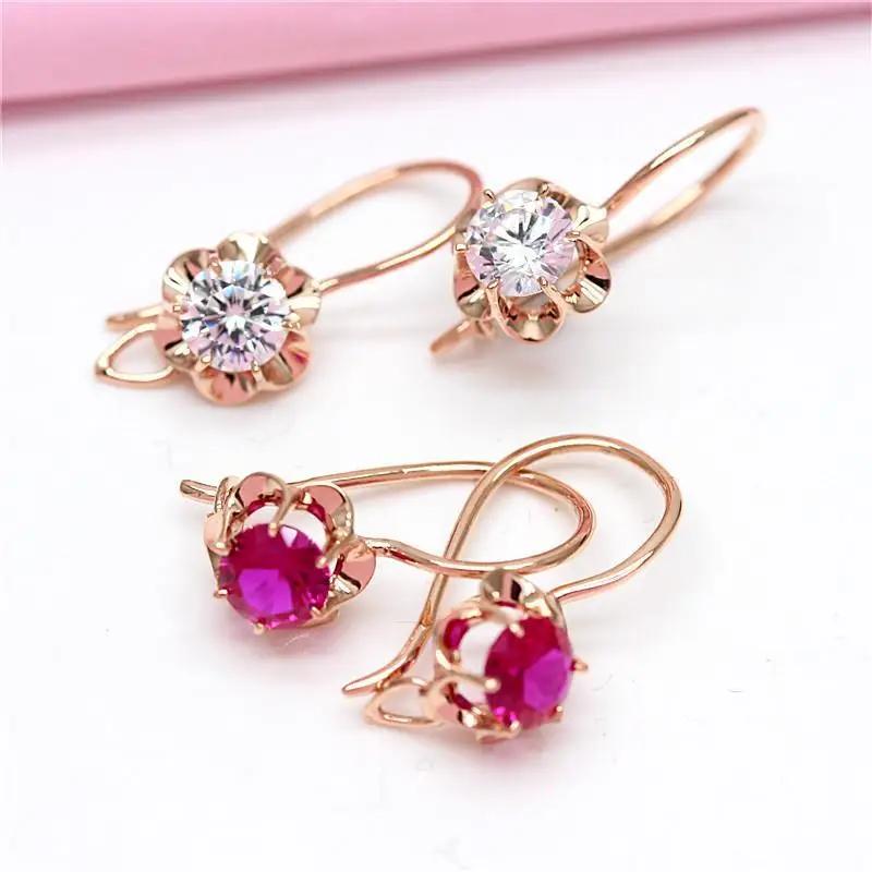 Exquisite Party Earrings Small Sweet Red Crystal Flower Earrings for Women Zircon Charms Copper Plated Rose Gold Zircon
