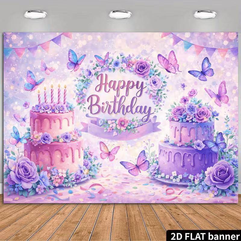 

2D Pink Purple Birthday Backdrop Butterfly Cake Theme Photography Banner 47.2x31.5inch/120*80cm