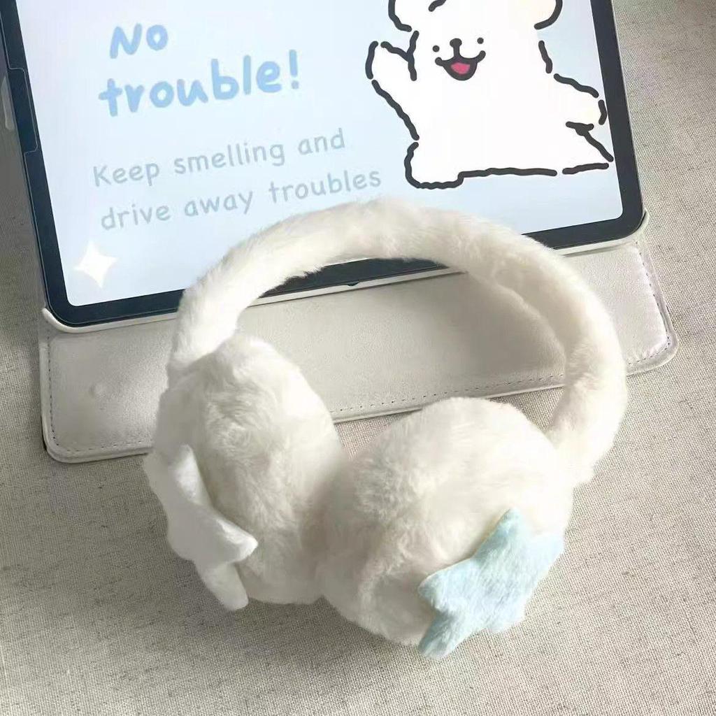 High-value blue and white star plush earmuffs: warm winter cycling ear protection for students against cold.