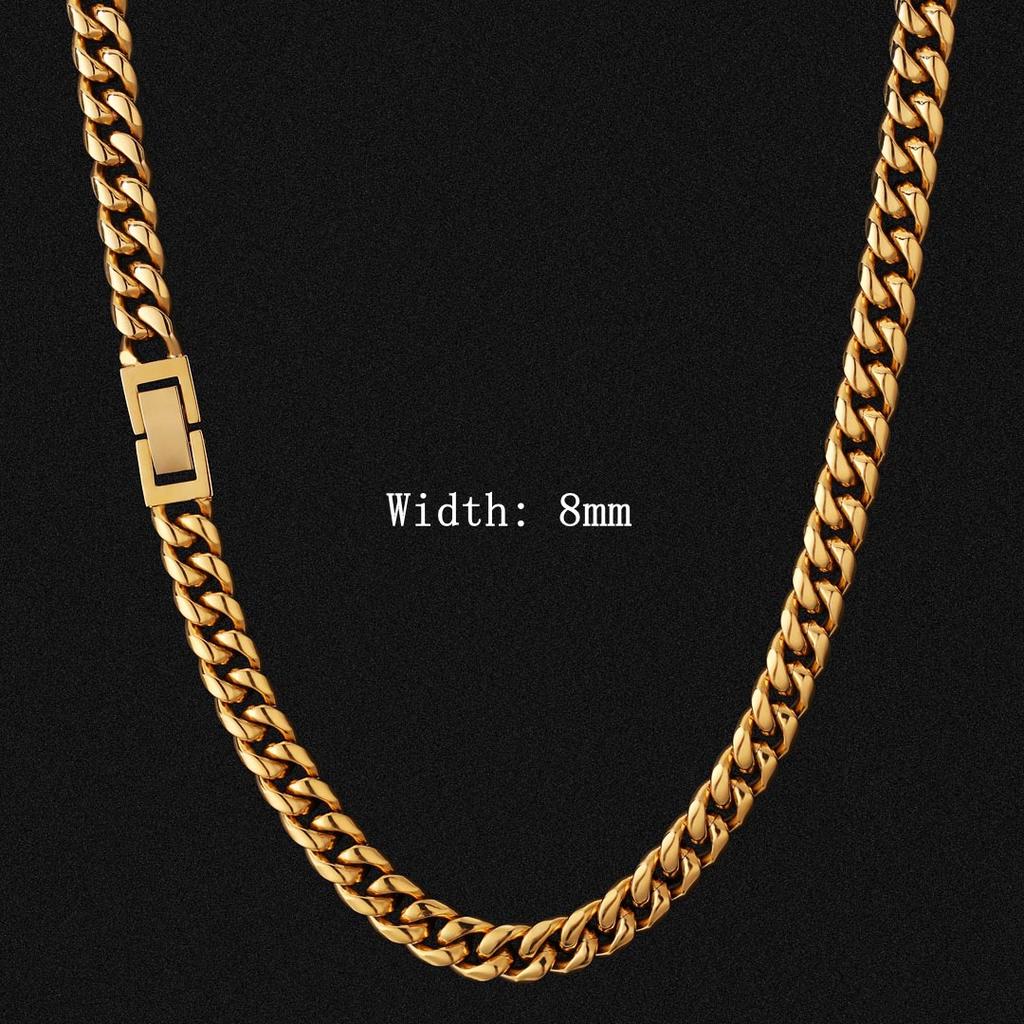 KRKC  Jewelry 8mm 10mm 12mm 18K Gold PVD Stainless Steel Miami Cuban Link Necklace Fold Over Clasp Mens Chains