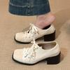 Autumn Winter Vintage Square Toe Thick Heel Women Mary Jane Shoes Street Style Lace Up Party Dress Female Pumps