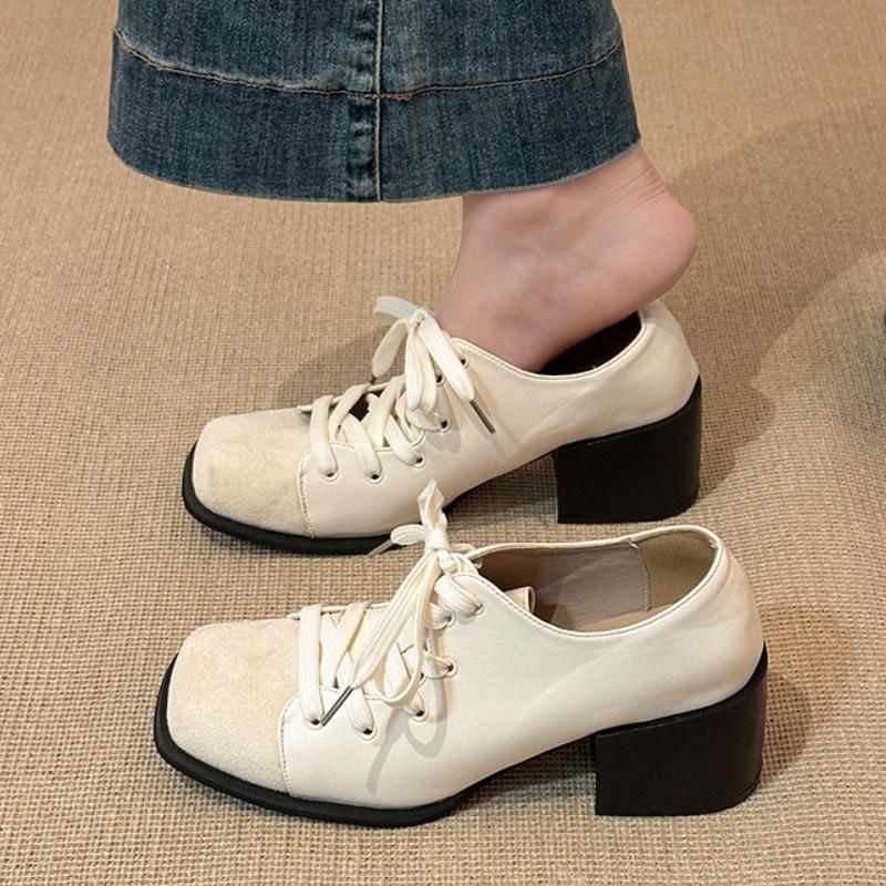 Herbst Winter Vintage Eckige Zehenpartie Dicker Absatz Damen Mary Jane Schuhe Street Style Schnürung Partykleid Damen Pumps