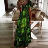 Women Plus Size V Neck Short Sleeve Clover Printed Dark Green Long Straight Dress