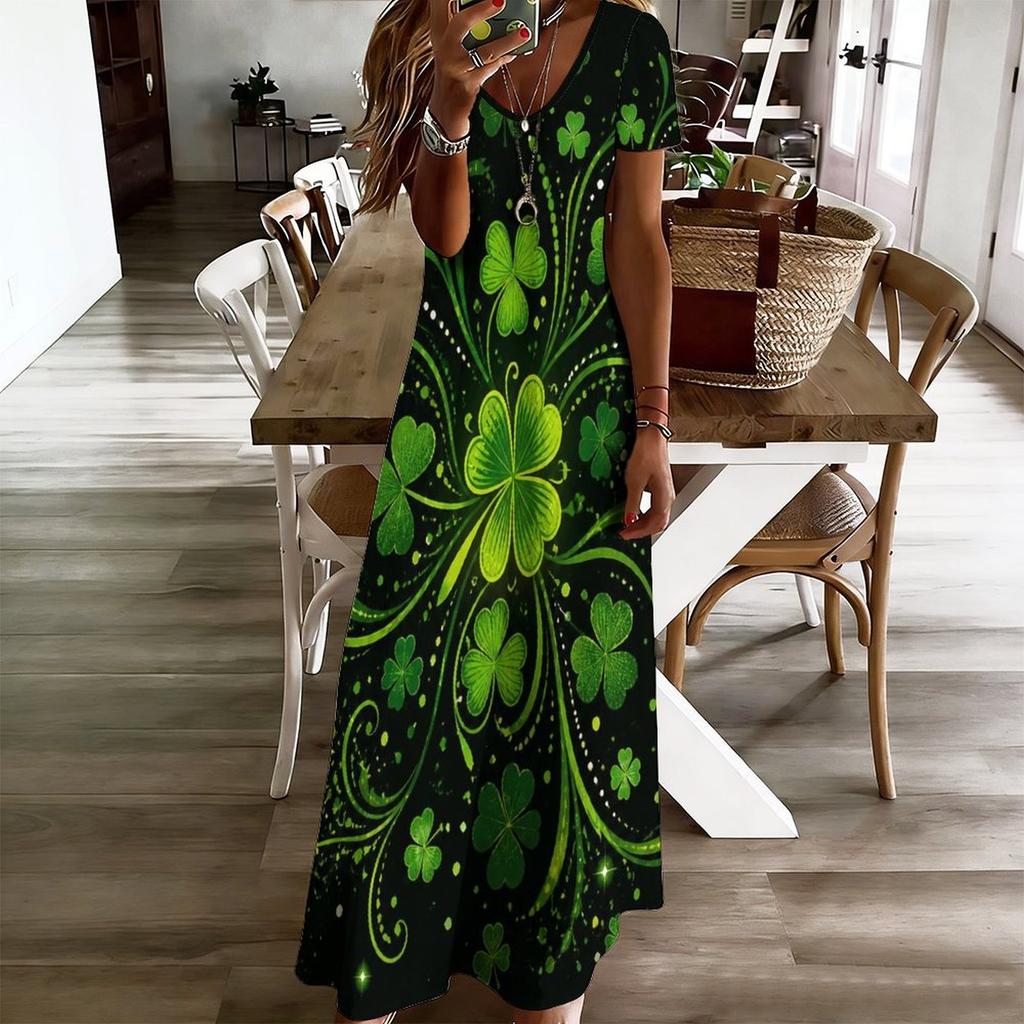 Women Plus Size V Neck Short Sleeve Clover Printed Dark Green Long Straight Dress