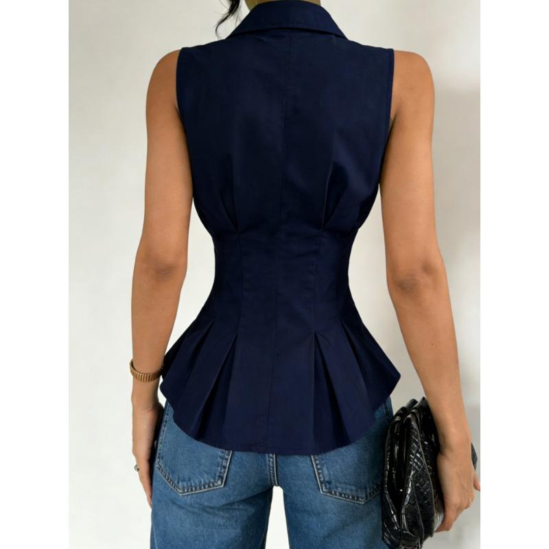 Womens Sleeveless Peplum Shirt With Collar And Button Down Detail Fitted Waist Casual Office Blouse