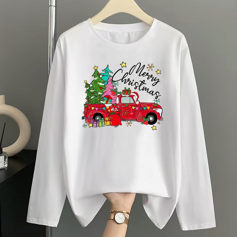 (Asian Size) Tree Watercolor Print T Shirt Christmas Holiday Graphic Tee Women Autumn Winter Casual Fashion Top Clothing Long Sleeve T-shirts