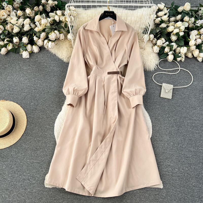 

Classy Elegance Turn-down Collar Coat Niche Style Waist-Tight Dress Khaki S