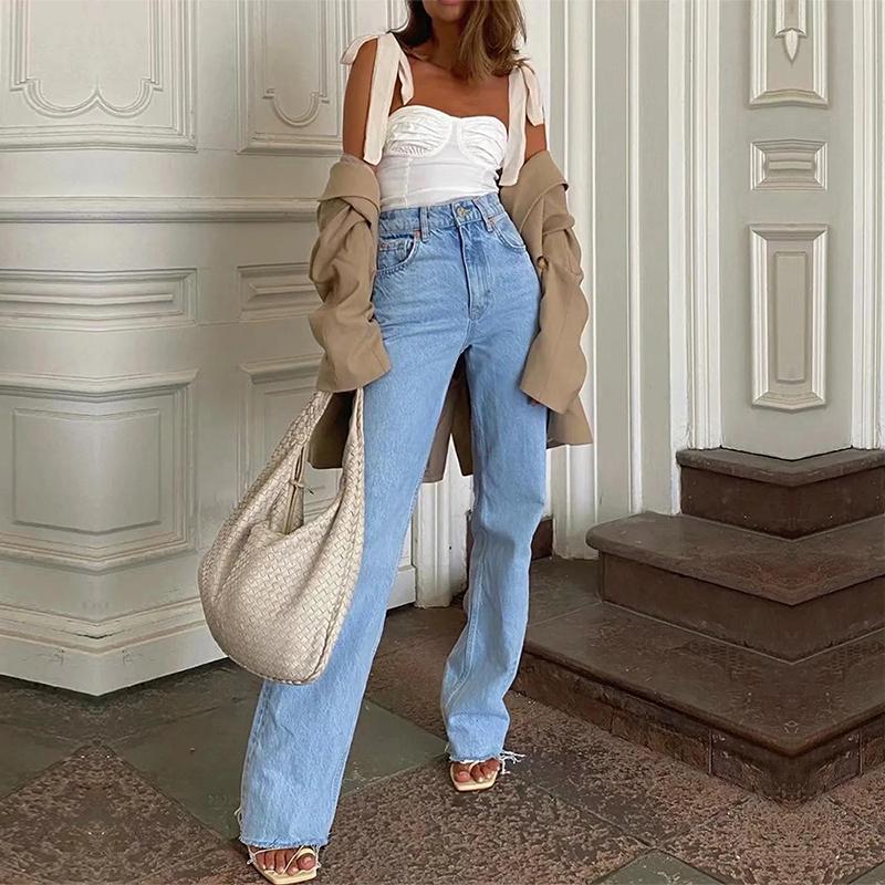 Blugi de damă cu picior drept Partea din denim, prieten, cu talie înaltă, blugi largi, pantaloni lungi