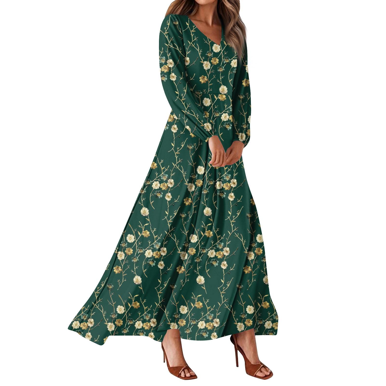 

Женские летние платья Повседневные платья макси с длинным рукавом Милые платья макси с цветочным принтом Платья для гостей на свадьбу Легкие платья L темно-зеленого