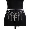 Tassel Cross Artificial Pearl Waist Chain Lustrous Belly Chain for Female Girls Cyberpunk Waist Decor Women Accessories
