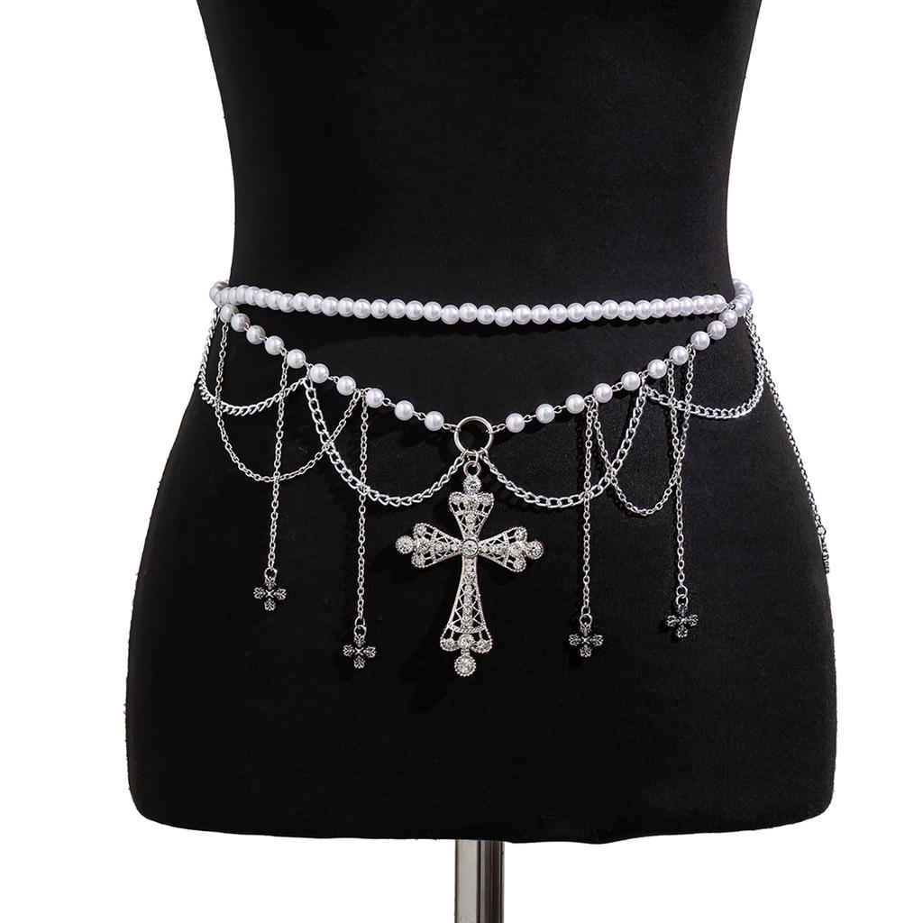 Tassel Cross Artificial Pearl Waist Chain Lustrous Belly Chain for Female Girls Cyberpunk Waist Decor Women Accessories