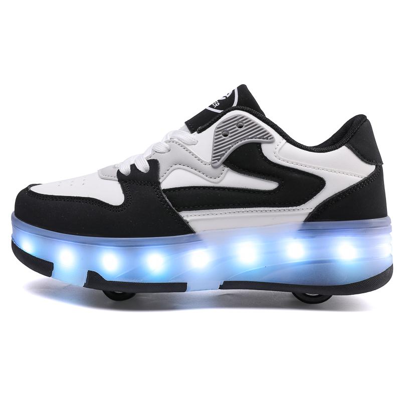 29-40 Kid's Lights Sports Shoes Rubbing Shoes Solid Magic Patch Can Charging Double-row Four-wheel Luminous Children Shoes