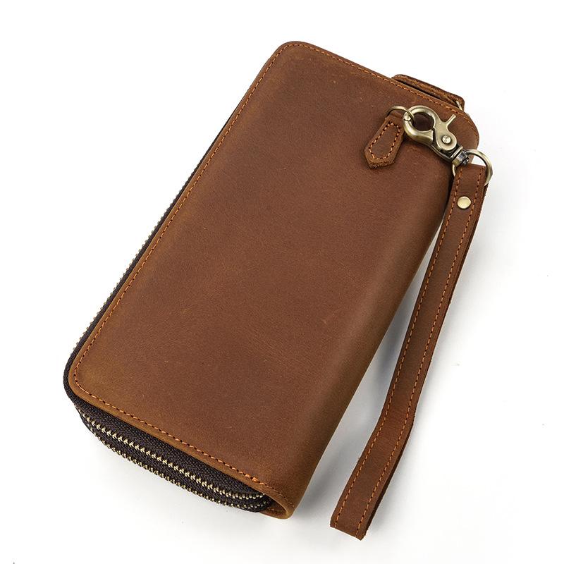 Men'S Genuine Leather Long Money Bag, Double-Layer Zipper Wallet, First-Layer Cowhide Clutch Bag, Oversized Change Bag 1.