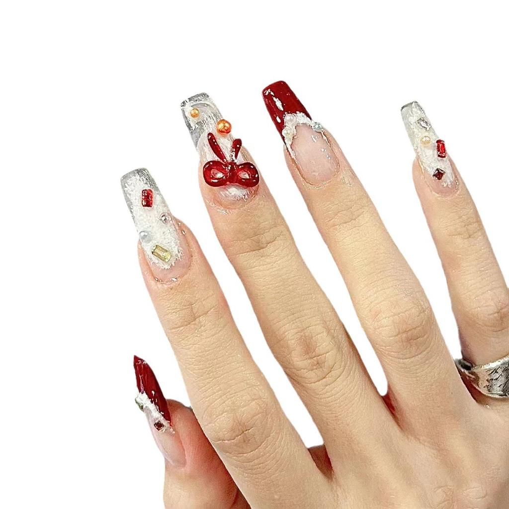 New Year's Manicure Pure Hand-wearing Nail Pieces Handmade Hand-painted Gypsum French Wine Red New Year's Manicure Bow