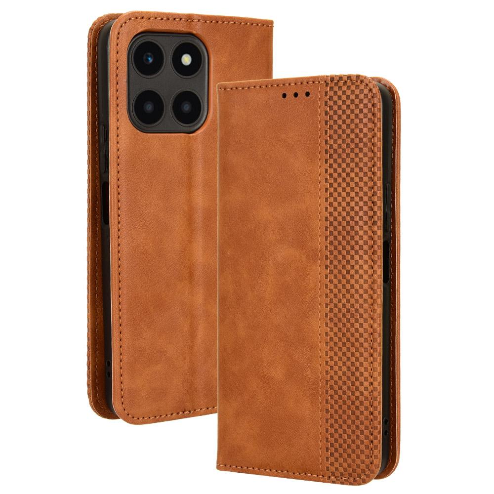 

For Honor X6a 4G Retro Leather Wallet Case Magnetic Closing Anti-fall Stand Phone Cover Brown