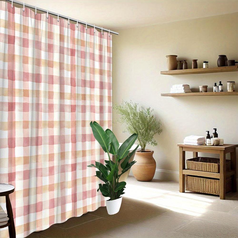 Watercolor Pink Beige White Plaid Checkered Print Shower Curtain Waterproof Mildew Resistant With Plastic Hooks Quick Install Fo