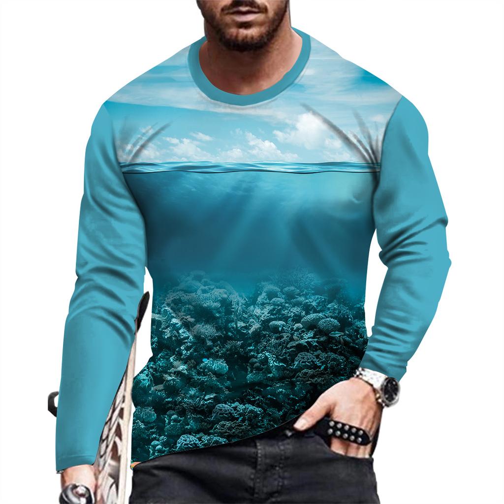 New Ocean Scenery Print Summer Men's Round Neck T-shirt Casual Long Sleeve Oversized T Shirt Fashion Pullover Trend Men Clothing