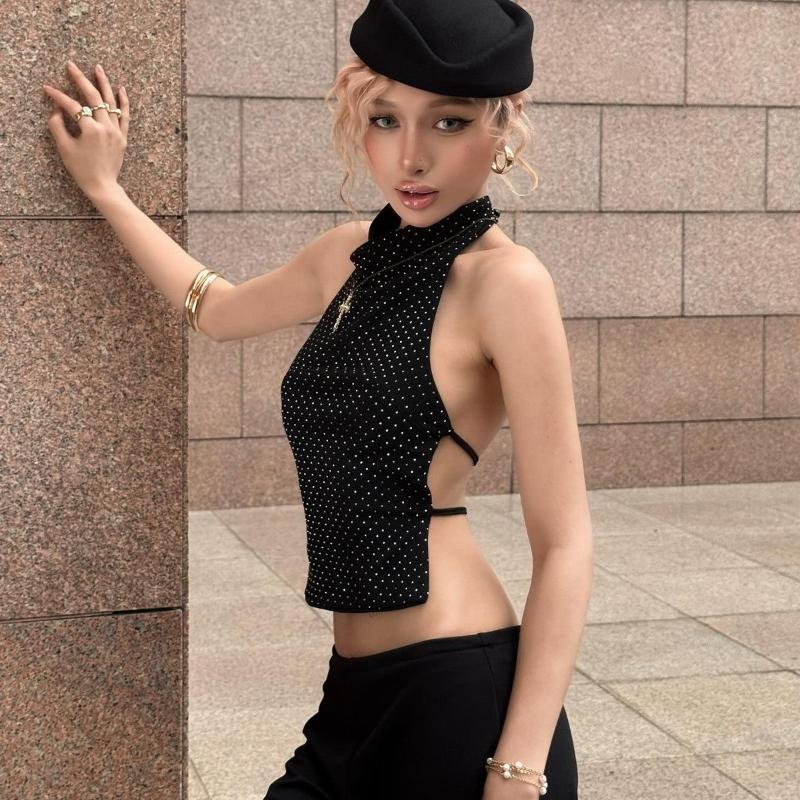 Жіночий короткий топ на зав'язках з вирізом на спині, без рукавів, з камінням, блискучий, для вечірки, клубу