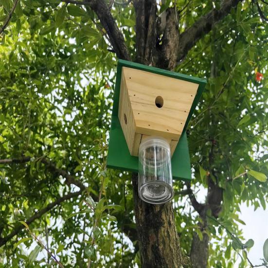 Wood House Carpenter Bee Trap with Clear Bottle Outside Natural Wood Boring Bee