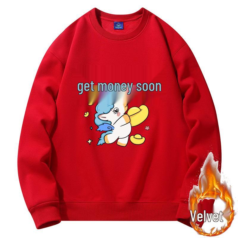 2026 Year of the Horse Red Zodiac Hoodie Fleece-Lined Loose Fit Long Sleeve Men's Clothing