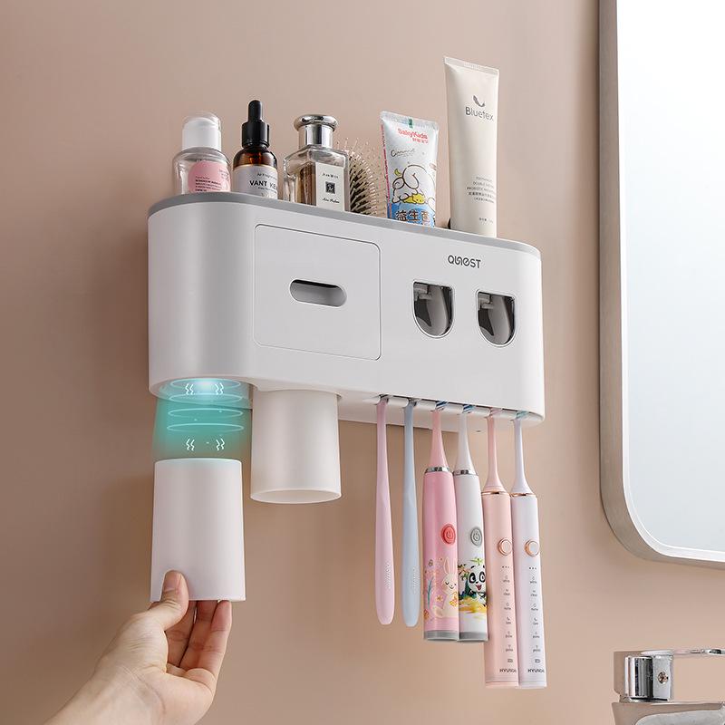 Punch-Free Wall-Mounted Toothbrush & Mouthwash Cup Set with Electric Toothpaste Dispenser