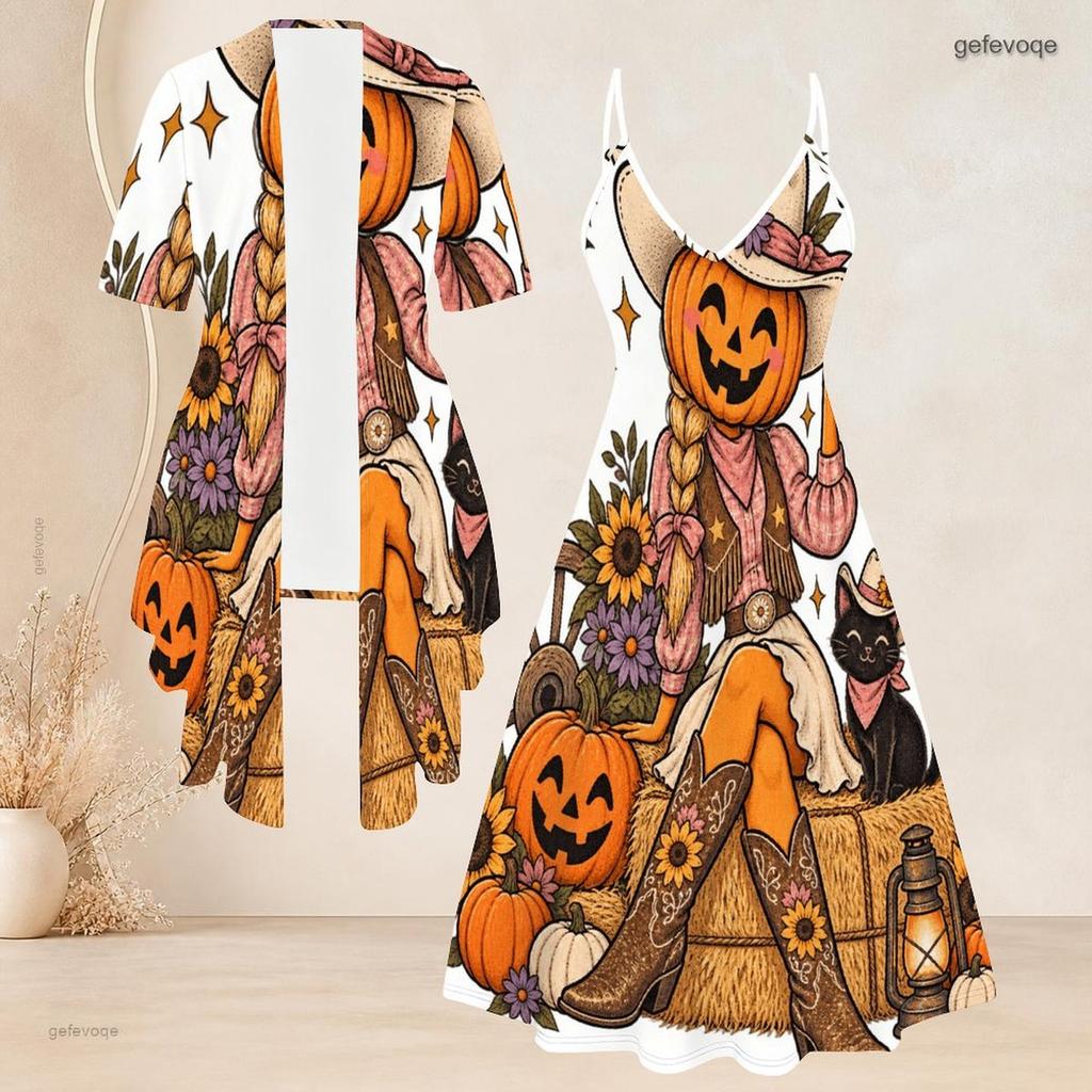 Women Plus Size Two Piece Set Short Sleeve Cardigan Strappy V Neck Flared Dress Halloween Panda Ghost Printed