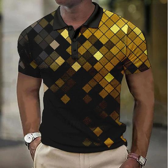 Short-sleeved Geometric Pattern Polo Shirt for Men, Summer Top