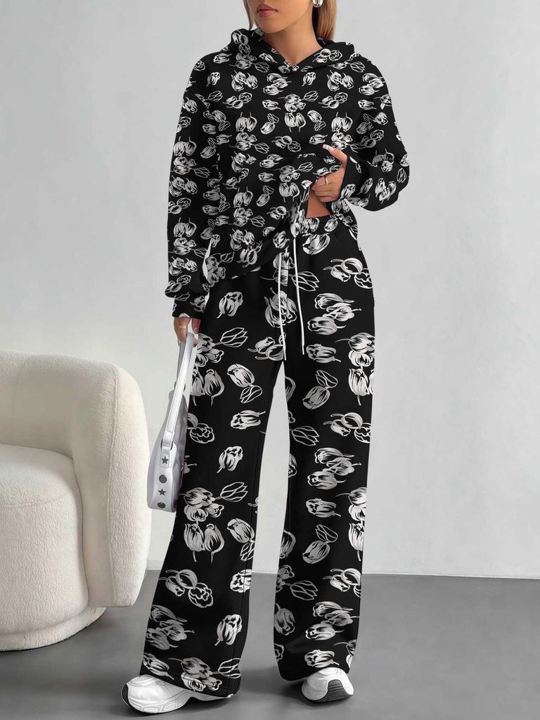 European and American Autumn and Winter Casual Long-sleeved Suit Women's Hooded Sweater Trousers Two-piece Set Retro Elements