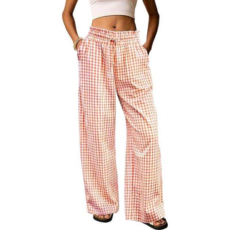 European Plaid Women's Wide-Leg Elastic High-Waist Pajama Pants with Drawstring