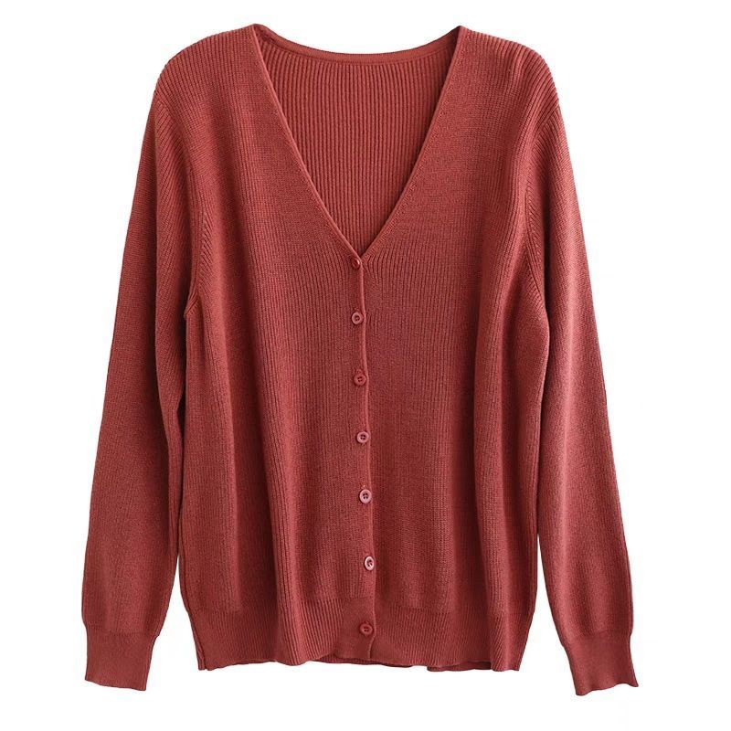 Women's V-Neck Sweater Loose Plus-Size Fashion Solid Color Cardigan Long-Sleeve Temperament Knit Top