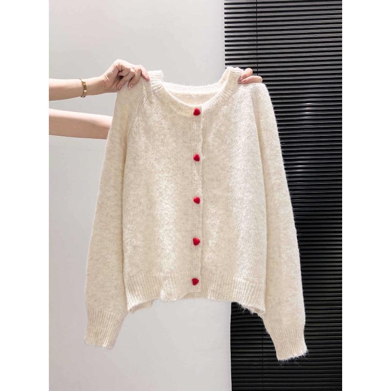 Age-reducing lazy wind loose sweater jacket women's autumn love button-up knitted top shoulder-sleeved cardigan