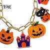 Durable Metal Chain Bracelet Halloween Charm Bracelets for Women, Cute Spooky Pumpkin Cat Ghost Castle Pendant Themed Wristband Bracelet, Adjustable