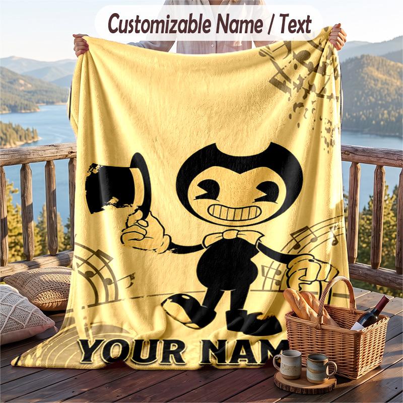 Custom Text Flannel Throw Blanket, Lightweight Cozy Bed Sofa BlanketBendy and the Ink Machine