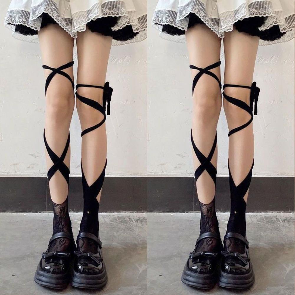 2Pairs Irregular Straps JK Lace-up Stockings Hollow Split Toe Socks  Ladies Girl