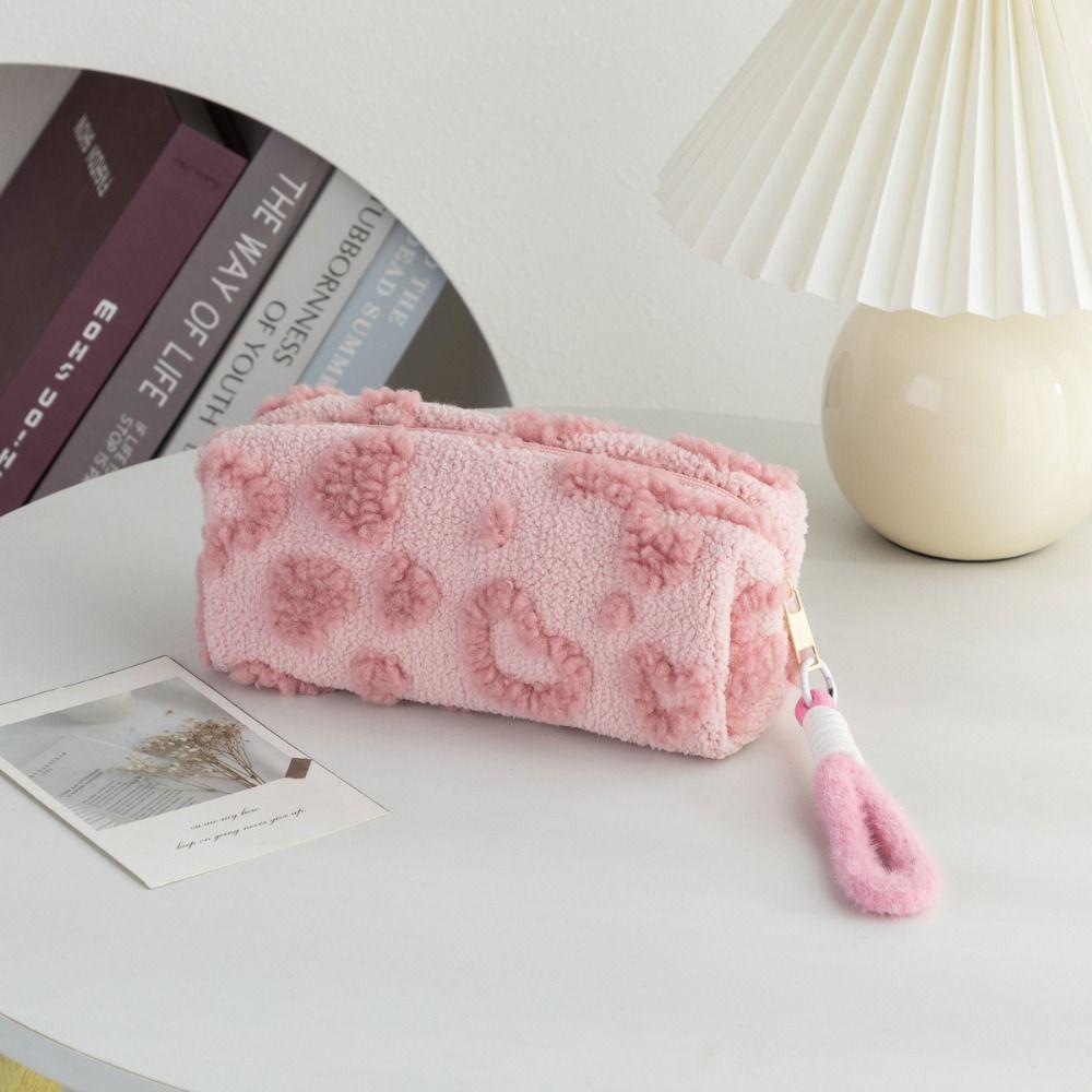 Kawaii Berber Fleece Pencil Case Lifting Rope Love Heart Pattern Pencil Pouch Large Capacity Pen Bag Student