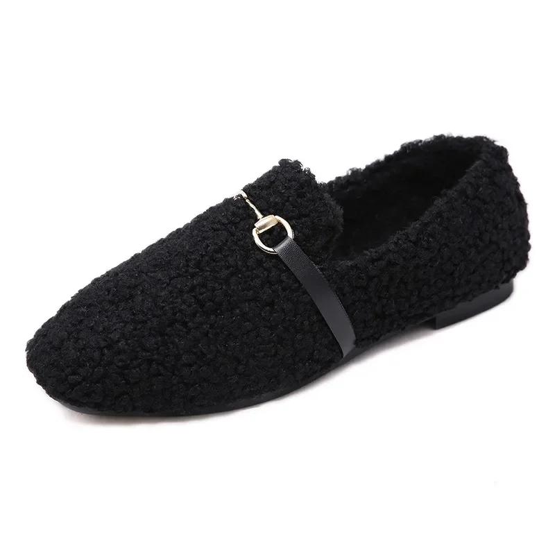 

Мода 2024 Бренд Женская обувь Слипоны Женские балетки Модная металлическая отделка Повседневные балетки Женские Новые Большой размер Короткий плюш Плоская обувь 43 чёрный