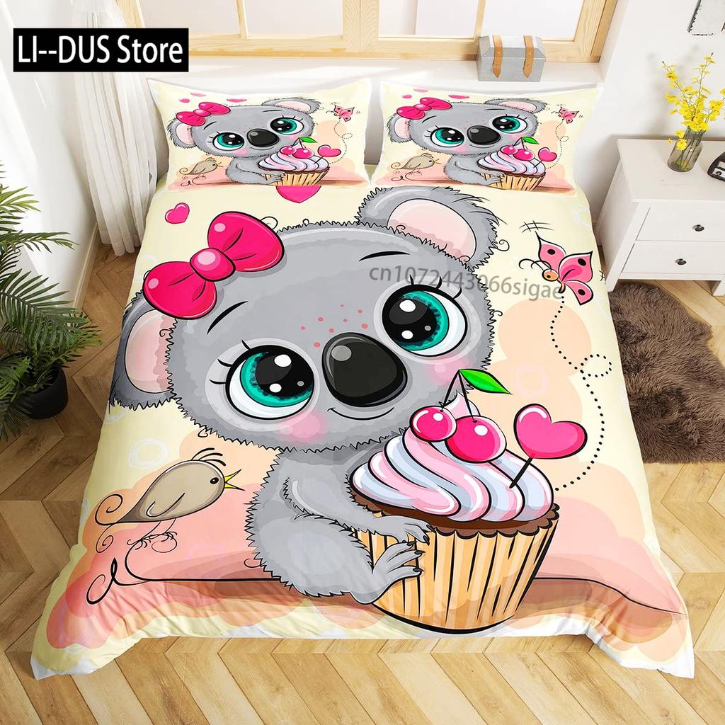 Kawaii Koala Bedding Set Full Size For Kids Boys GirlsCartoon Animal Comforter Set Quilt Duvet Green Leaves Bedroom Decor 3pcs