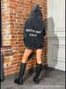American Retro Distressed Black Hoodie with Unique Letter Design and Trendy Warmth