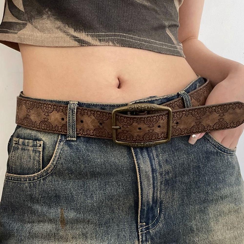 Vintage Printed Ethnic Style Belt Y2k Pants Decorative Fashion PU Leather Belt  Daily