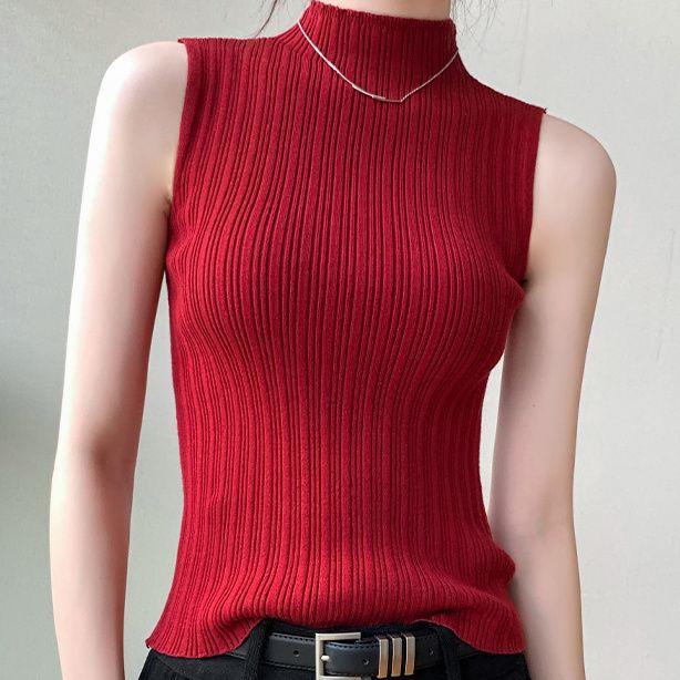 Hochgeschlossenes Camisole Tanktop Gestrickte Basisschicht Frühling - Sommer Modisch Charmant Rot Kurz - Stil Slim - Fit Ärmelloses Top