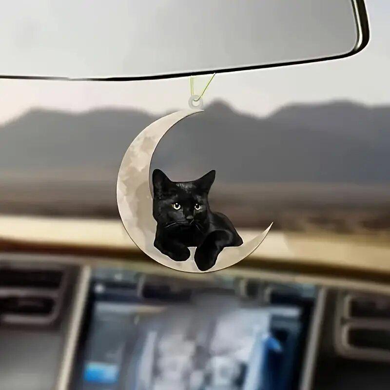 Acrylic Moon & Black Cat Pendant - Creative Keychain, Car Hanging, Backpack Decoration