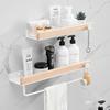 White Bathroom Shelf with Towel Bar Wood Aluminum Wall Mounted Lavatory Bath Shower Shampoo Soap Storage Holder Organizer Rack
