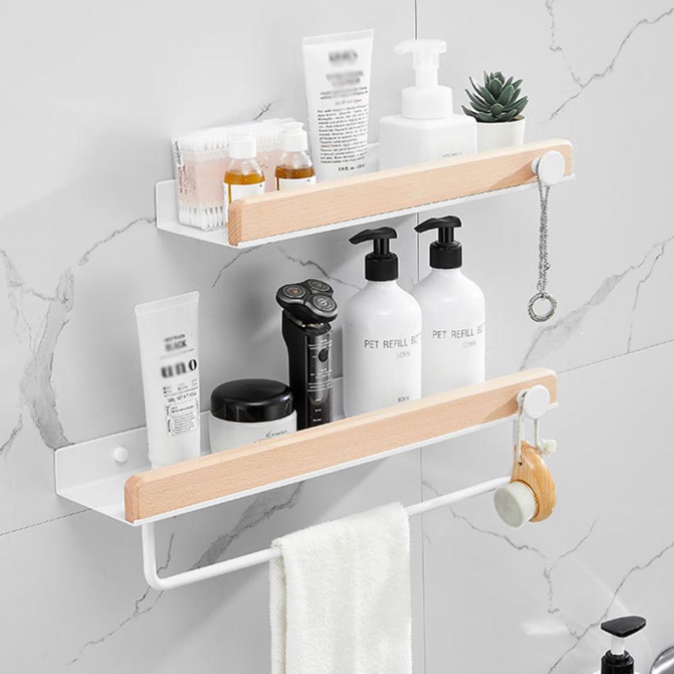 White Bathroom Shelf with Towel Bar Wood Aluminum Wall Mounted Lavatory Bath Shower Shampoo Soap Storage Holder Organizer Rack