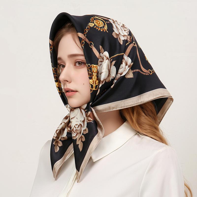 70x70cm Silk Scarf for Women Floral Printed Square Shawl Muslim Hijab Office Ladies Neck Scarf Hair Bandana Gift Muffler Foulard