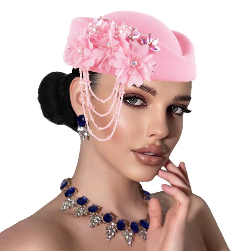 Retro British Hat For Women Elegant 3D Floral Decorated Flight Attendant Cap Beret Cosplay Costume Accessories