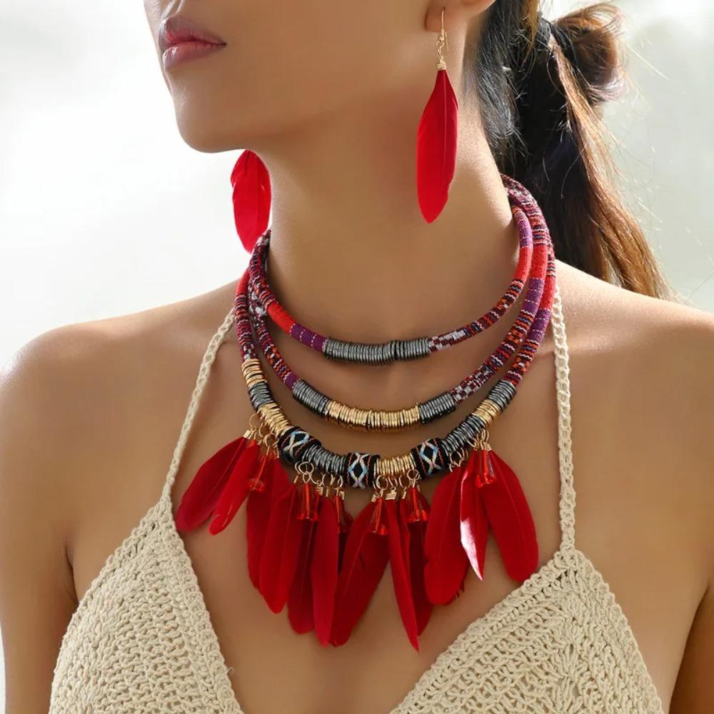 Metal Ethnic Necklace Hand Woven Necklace Earrings Set Vintage Feather Choker  Women